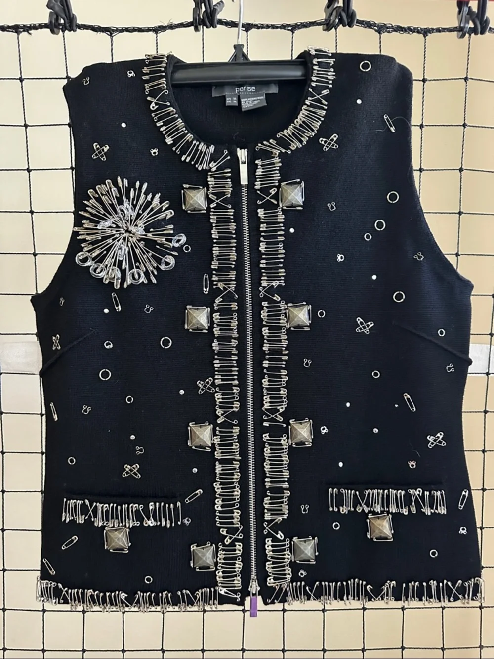 Per Se Black Embellished Sleeveless Zip Vest with Silver Accents - Picture 1 of 3